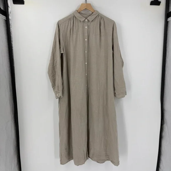 MUJI Linen Washed Long Sleeve Shirt Dress Natural Color L Minimalist Sustainable - Picture 4 of 9